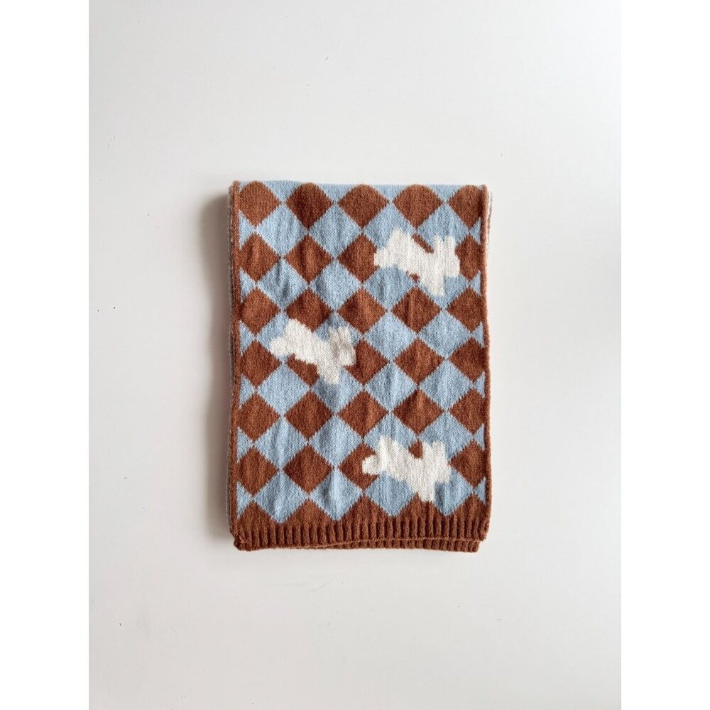 Unbranded Brown Blue Diamond Check Bunny Acrylic Knit Rectangle Scarf